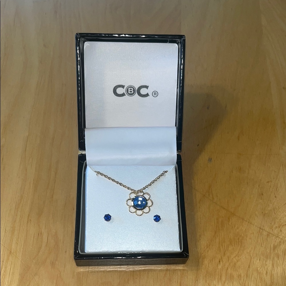 Gold and Blue Flower Necklace and Earring Set